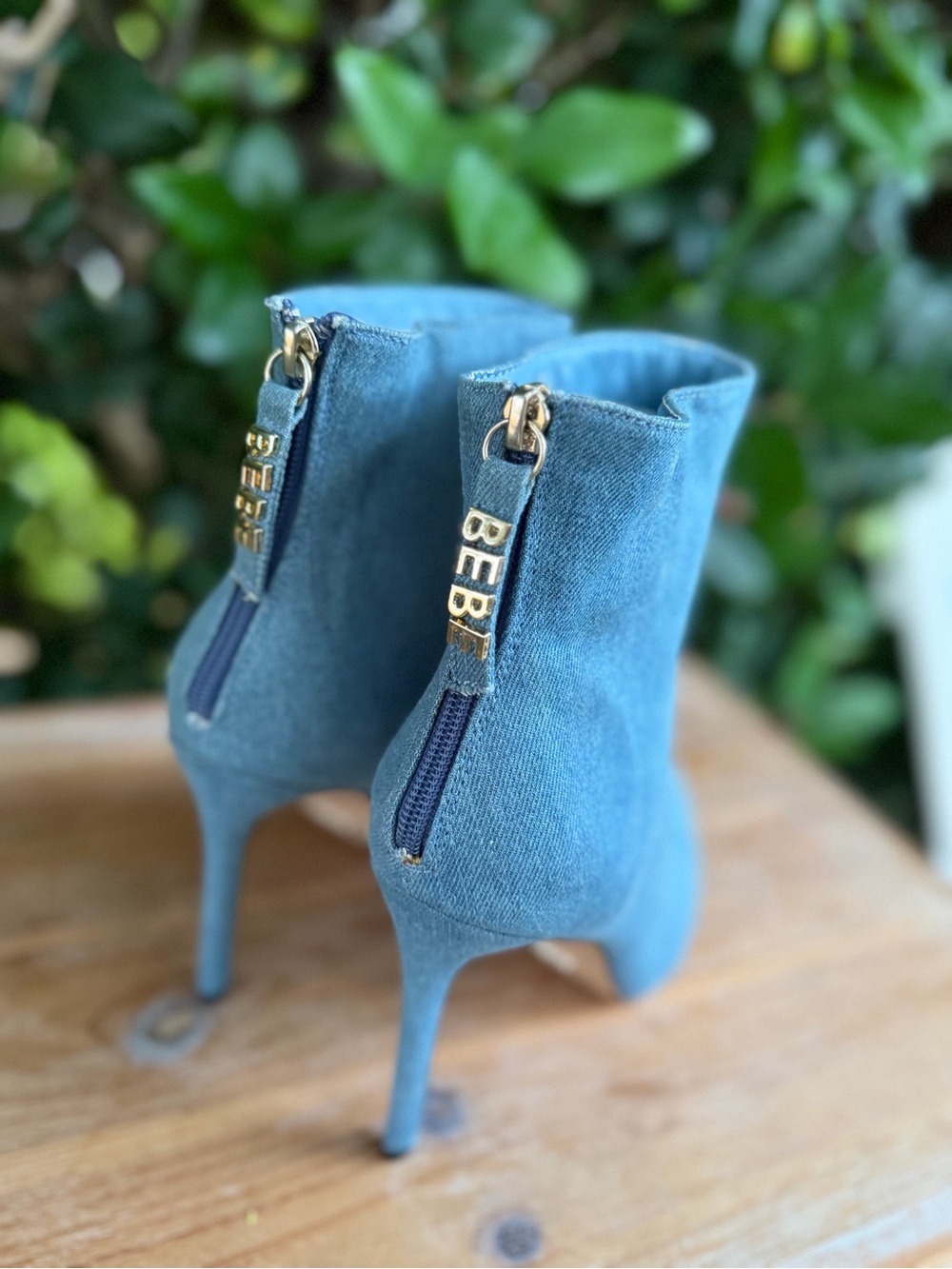 bebe Denim Blue Stiletto Ankle Booties with Gold Zip Pulls